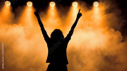 Silhouette of Person Celebrating Triumph Under Dramatic Stage Lights with Raised Arms in Victory and Celebration