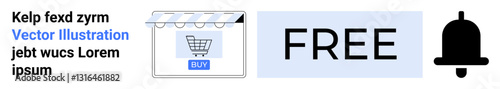 E-commerce storefront with shopping cart, large FREE text, and notification bell. Ideal for marketing, promotion, sales events, discounts, campaigns, alerts social media content flat landing page
