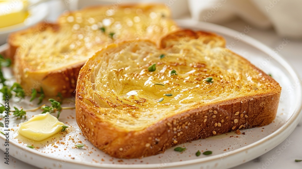 Freshly toasted bread slices with melted butter crumbly cheese and aromatic herbs arranged on a rustic wooden serving plate This simple yet appetizing breakfast or brunch dish exudes a homemade Freshly toasted bread slices with melted butter crumbly cheese and aromatic herbs arranged on a rustic wooden serving plate This simple yet appetizing breakfast or brunch dish exudes a homemade