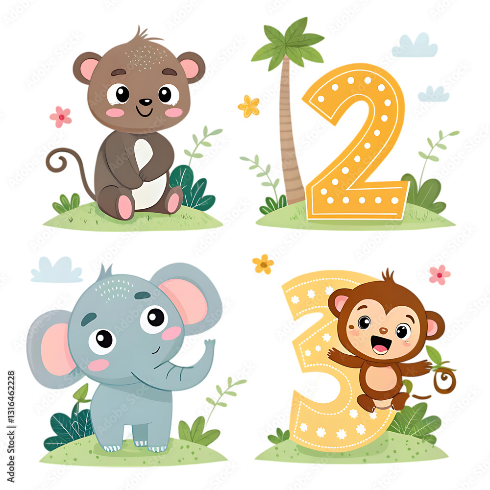 Naklejka premium Cute Animals & Numbers 1-3