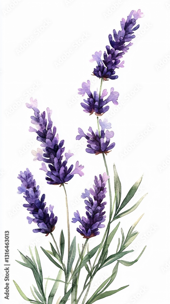 Obraz premium Delicate watercolor illustration of lavender sprigs, perfect for summer designs, wellness promotions, and floral-themed events or advertisements with ample copy space.
