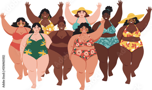 Group of diverse women confidently walk in swimwear promoting body positivity and summer fun Perfect for lifestyle and empowerment messages.