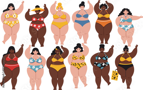Group of plus size women in colorful swimsuits are waving cheerfully, promoting body positivity and summer fun Making it perfect for fashion and.