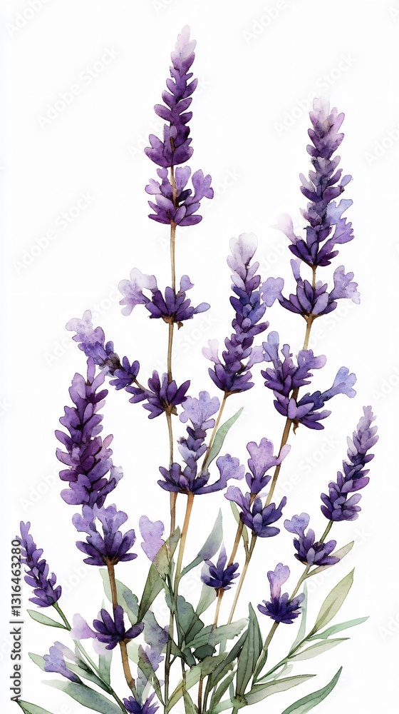 Fototapeta premium Delicate watercolor illustration of lavender sprigs, perfect for floral design, wedding invitations, and summer events, evoking a fresh and serene atmosphere.