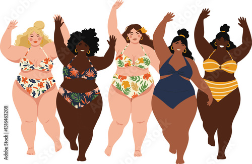 Five plus-size women of different ethnicities wearing swimsuits with hands raised in celebration, perfect for promoting body positivity and.