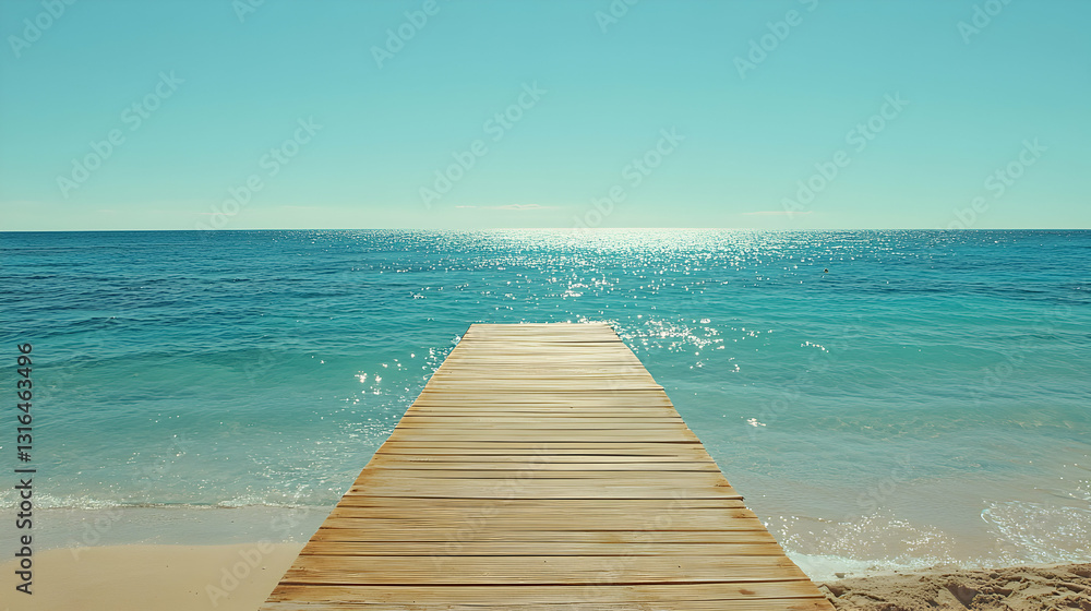Picturesque ocean scenery featuring a rustic wooden pier extending into the tranquil turquoise water Picturesque ocean scenery featuring a rustic wooden pier extending into the tranquil turquoise water