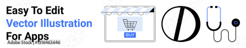 Shopping cart under a storefront awning alongside a pill, stethoscope, and medical items. Ideal for healthcare apps, e-commerce, online shopping, pharmacy, health, medicine flat landing page banner