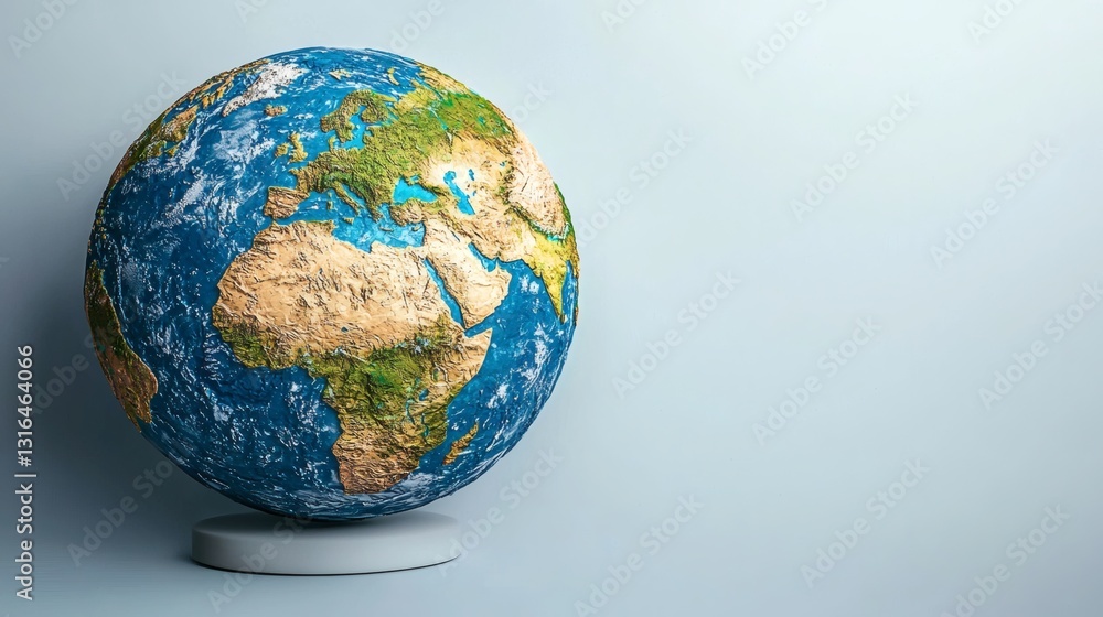 a detailed image of the Earth globe, showcasing continents, oceans, and landforms against a light blue background. The globe is mounted on a simple stand a detailed image of the Earth globe, showcasing continents, oceans, and landforms against a light blue background. The globe is mounted on a simple stand