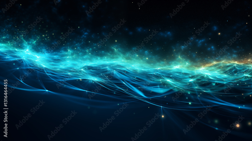 Obraz premium Abstract background image with dynamic blue and light - blue energy waves against a cosmic star - filled backdrop