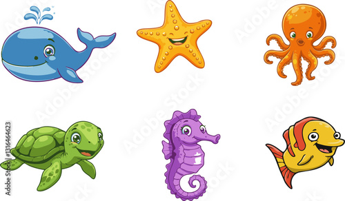 Cartoon style collection of cute sea animals including whale, starfish, octopus, turtle, seahorse and fish Perfect for children's illustrations and.
