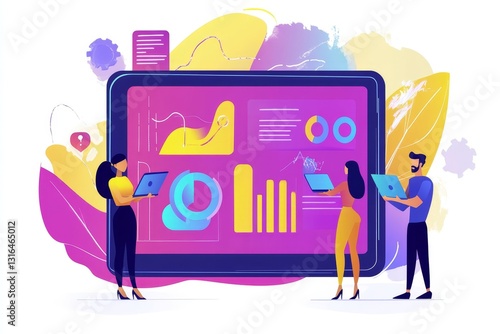 Business people, teamwork and collaboration on tablet for data analytics, marketing results and comparison in office. Professional group of women and man for digital, social media or startup