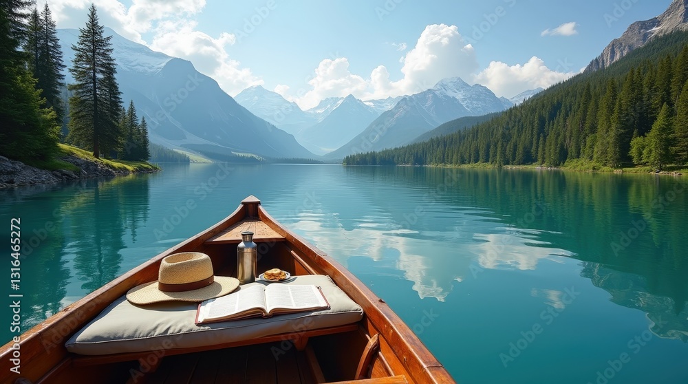 Obraz premium Peaceful lake scenery with a boat, book, and snack surrounded by mountains in daylight