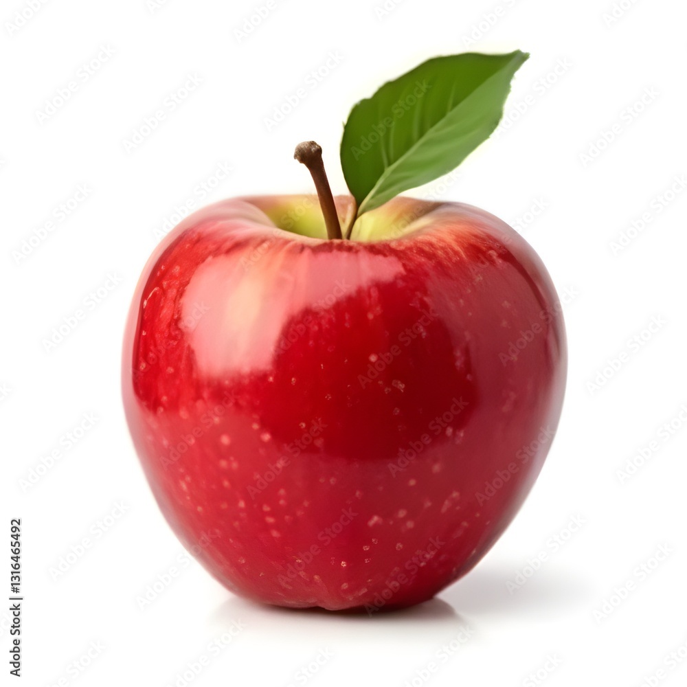 Single Shiny Red Apple with Attached Green Leaf on Smooth Surface Single Shiny Red Apple with Attached Green Leaf on Smooth Surface