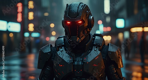 A robotic bounty hunter with a red eye navigates the rain-soaked streets of a vibrant cyberpunk metropolis. 
