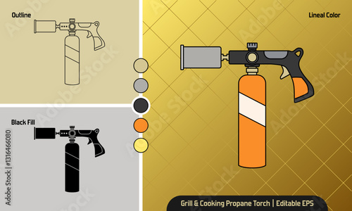 Portable Gas Torch. Powerful Grill and Cooking Propane Torch. Campfire Starter, Wood Burner for Searing Steak, BBQ, and Welding. Vector illustration icons, in lineal color, outline, and black fill.