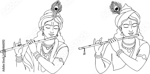 Elegant line art features two figures playing flutes, adorned with peacock feathers, symbolizing Hindu tradition and spirituality It's suitable for.