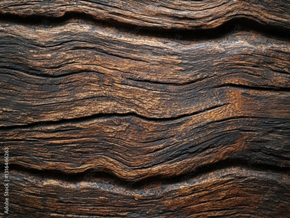 Naklejka premium Rich, Dark Brown Wood Texture with Deep Grain and Undulating Lines, Ideal for Rustic Designs, Backgrounds, and Interior Decor