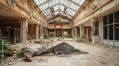 Destroyed shopping mall interior collapsing, rubble-strewn, skylight broken, post-disaster use