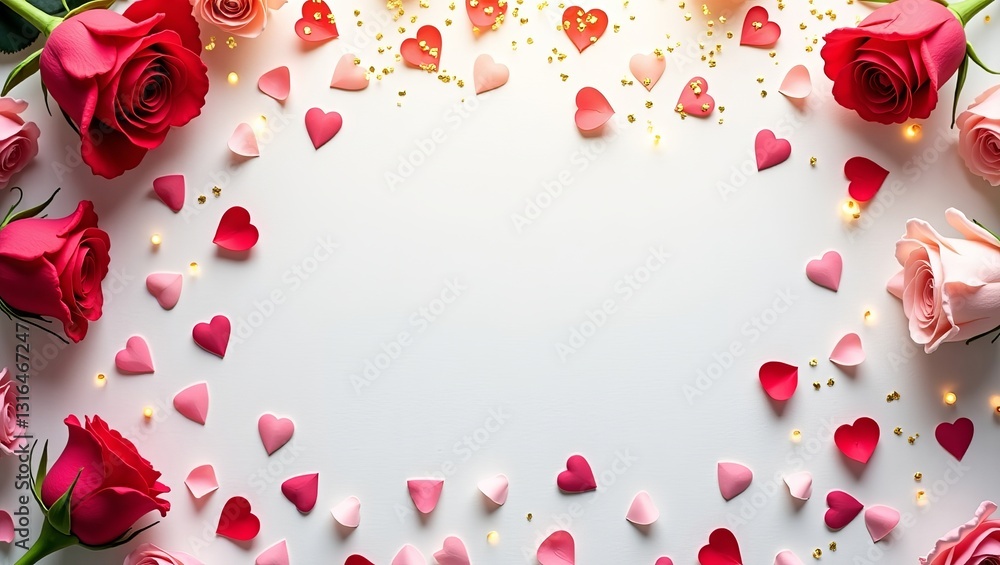 A Romantic Valentines Day Border Of Red And Pink Roses, Scattered Hearts, And Golden Glitter On A White Background A Romantic Valentines Day Border Of Red And Pink Roses, Scattered Hearts, And Golden Glitter On A White Background