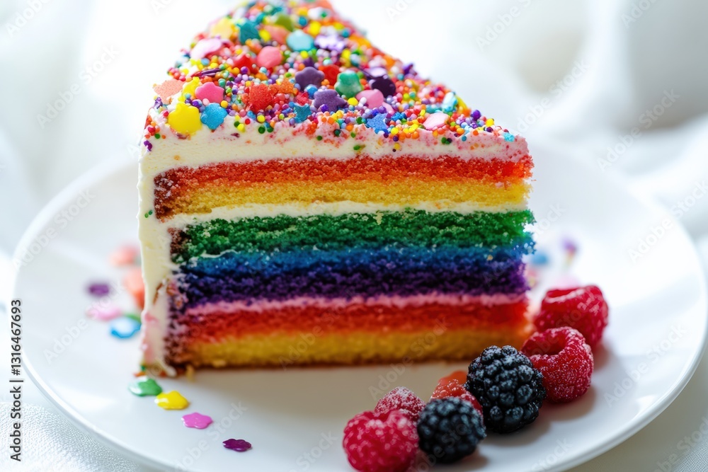 A colorful slice of rainbow cake with layers of bright sponge, creamy frosting, and festive sprinkles, served with fresh berries. A colorful slice of rainbow cake with layers of bright sponge, creamy frosting, and festive sprinkles, served with fresh berries.