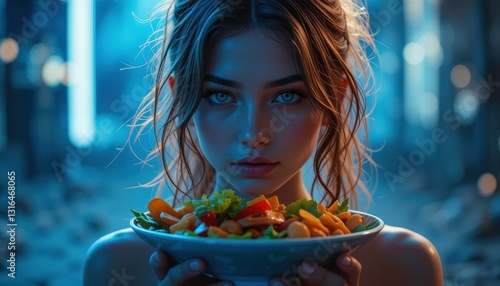 stunning portrait of a young woman holding a vibrant salad bowl. moody blue lighting creates an artistic and captivating image. perfect for fashion, beauty, or food-related projects.