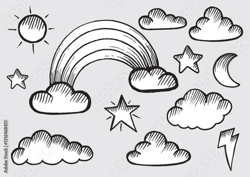 Hand-drawn seamless pattern with cute clouds and rainbow