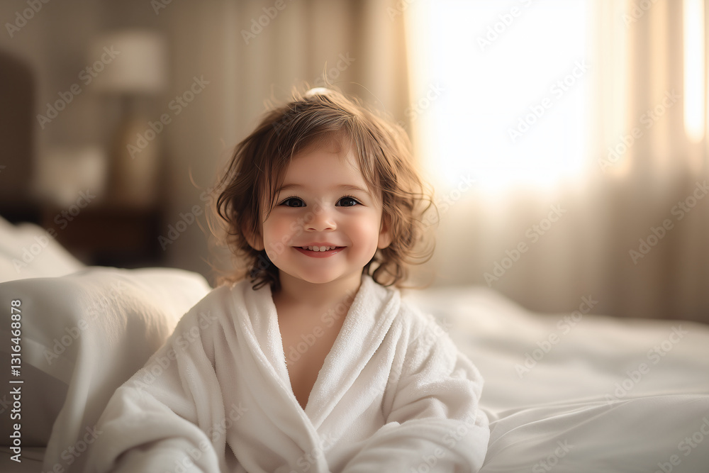Little girl at indoors in a bathrobe Little girl at indoors in a bathrobe