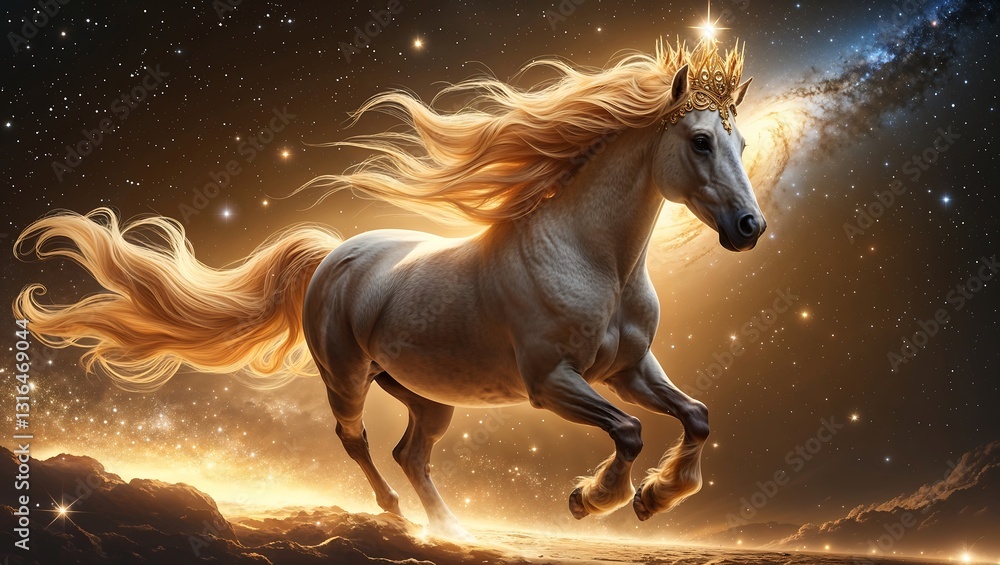 Naklejka premium Majestic Celestial Steed with a Fiery Aura, Golden Energy, and a Swirling Galaxy Backdrop in a Dreamlike Fantasy Scene