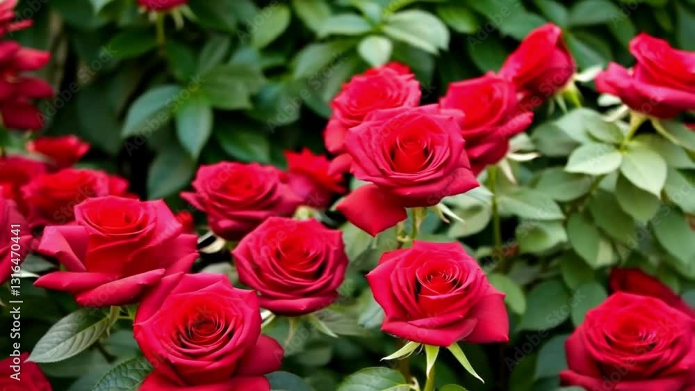 Beautiful Red Roses in Bloom with Green Foliage Background slow motion Beautiful Red Roses in Bloom with Green Foliage Background slow motion
