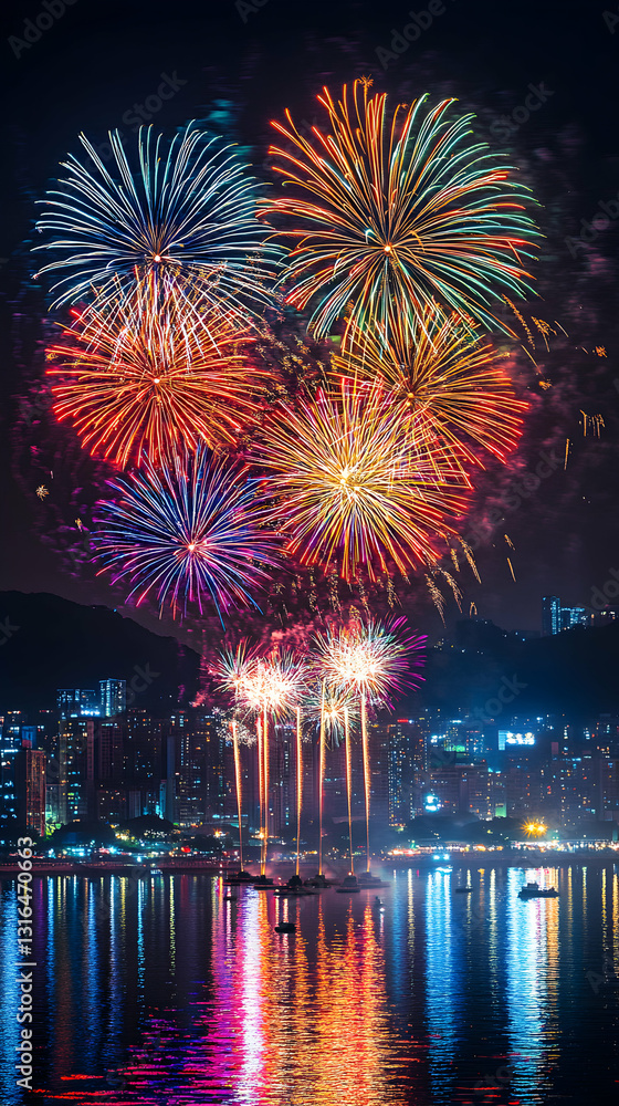 Spectacular New Year's Eve Fireworks Display Over a City Skyline Reflecting in Water 2024 Spectacular New Year's Eve Fireworks Display Over a City Skyline Reflecting in Water 2024