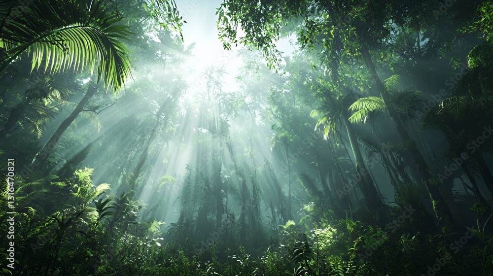 Fototapeta premium Lush Green Tropical Forest Sunlight Beams Through Canopy