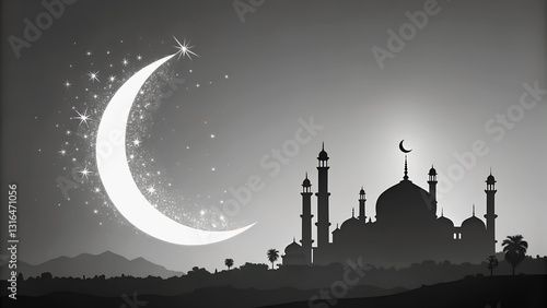 ramadan moon silhouette, monochrome style, artistic minimalism,