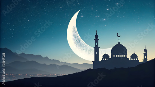ramadan moon silhouette, monochrome style, artistic minimalism,