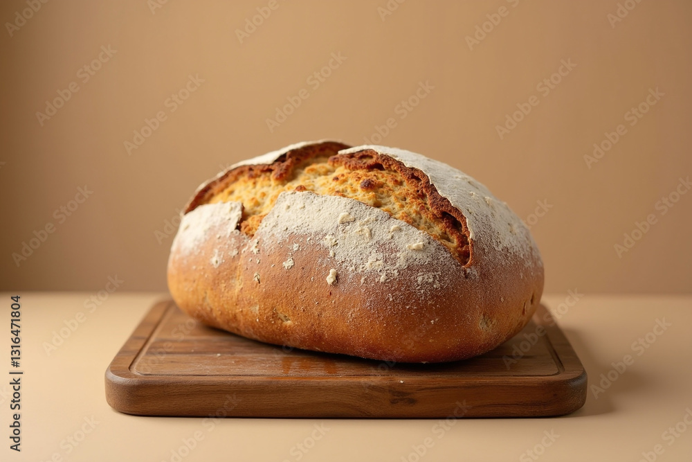 Golden Crusty Artisan Bread on Rustic Wooden Cutting Board Golden Crusty Artisan Bread on Rustic Wooden Cutting Board