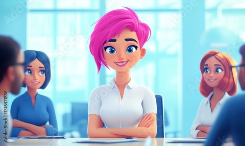 Office Meeting in Conference Room: Beautiful Specialist with Short Pink Hair Talks about Firm Strategy with Diverse Team of Professional Businesspeople. Creative Start-up Team Discusses Big