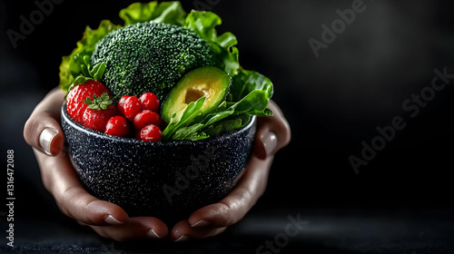 Human hands cradling a small bowl full of healthy fruits and vegetables