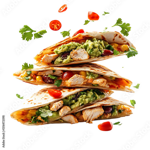 A Delicious Chicken Quesadilla with Cheese Guacamole Isolated on Transparent Background