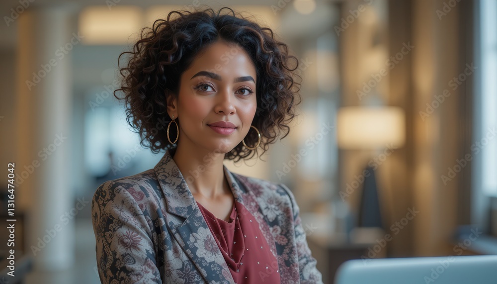 Confident Woman Portrait with Curly Hair in Modern Office Setting Confident Woman Portrait with Curly Hair in Modern Office Setting
