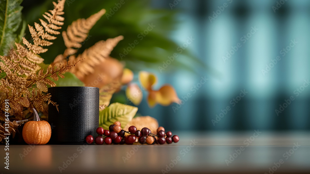 An arrangement featuring autumn foliage with a black cylindrical object An arrangement featuring autumn foliage with a black cylindrical object