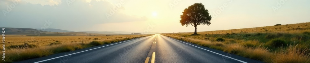 Empty asphalt road with a lone tree in the distance, solitude, nature, quiet Empty asphalt road with a lone tree in the distance, solitude, nature, quiet