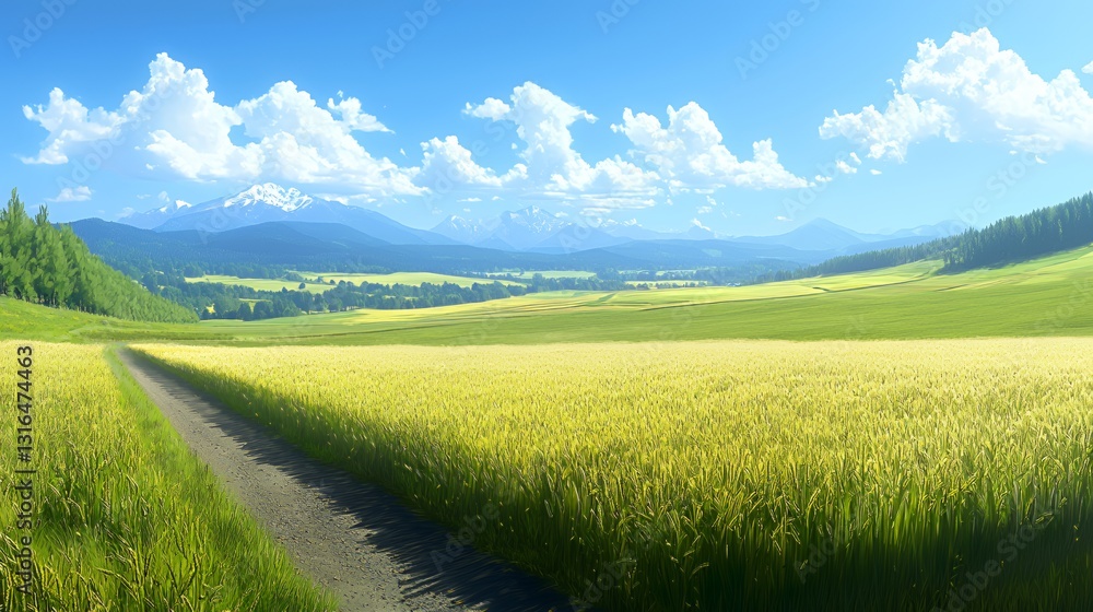 Fototapeta premium Sunny Day in a Yellow Flower Field with Mountain View