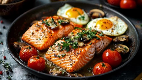Salmon in a frying pan with eggs and tomatoes.