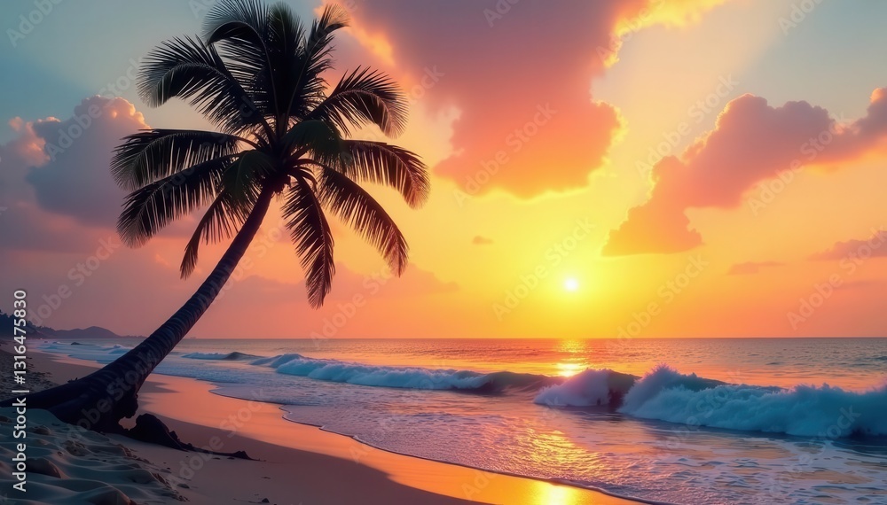 Single palm tree against sunset, waves lapping shore, light, summer Single palm tree against sunset, waves lapping shore, light, summer