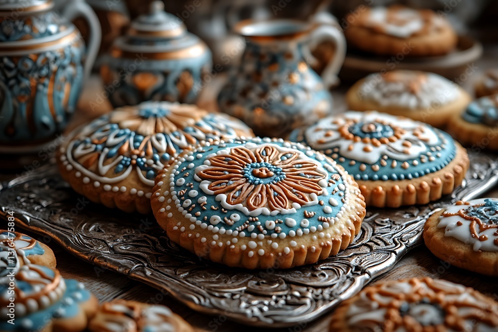 Intricately Decorated Floral Cookies with Ornate Teapots on Silver Tray Intricately Decorated Floral Cookies with Ornate Teapots on Silver Tray