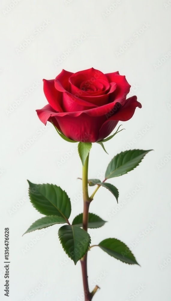 Single red rose, pure white background Intense color contrast , stem, close-up, romance Single red rose, pure white background Intense color contrast , stem, close-up, romance