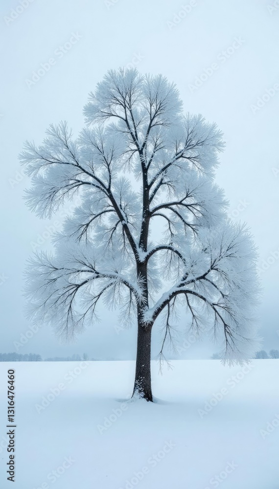 Fototapeta premium Frosted tree branches stretch towards the grey sky, snow-covered, whiteout