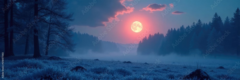 Hazy moonlight on a frosty forest landscape at dusk, light, misty Hazy moonlight on a frosty forest landscape at dusk, light, misty