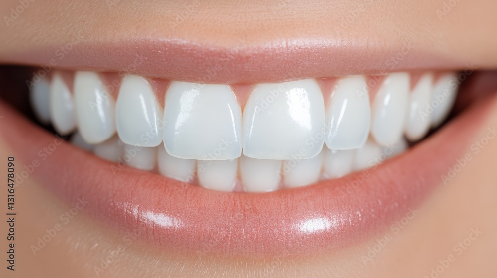 closeup of smiling woman with healthy teeth and lips.