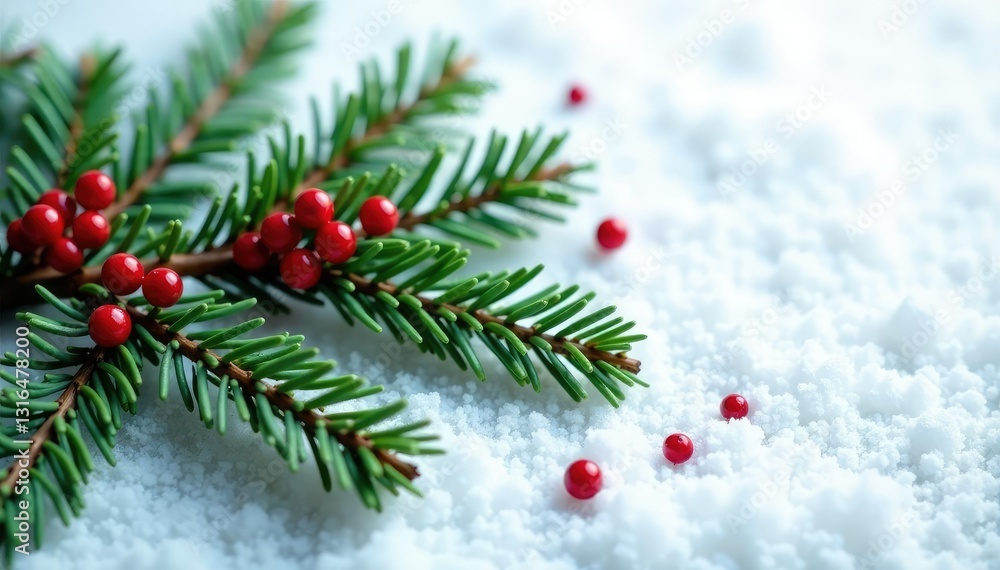 Fototapeta premium Long fir branch with red beads scattered on white snow, festive, natural, rustic