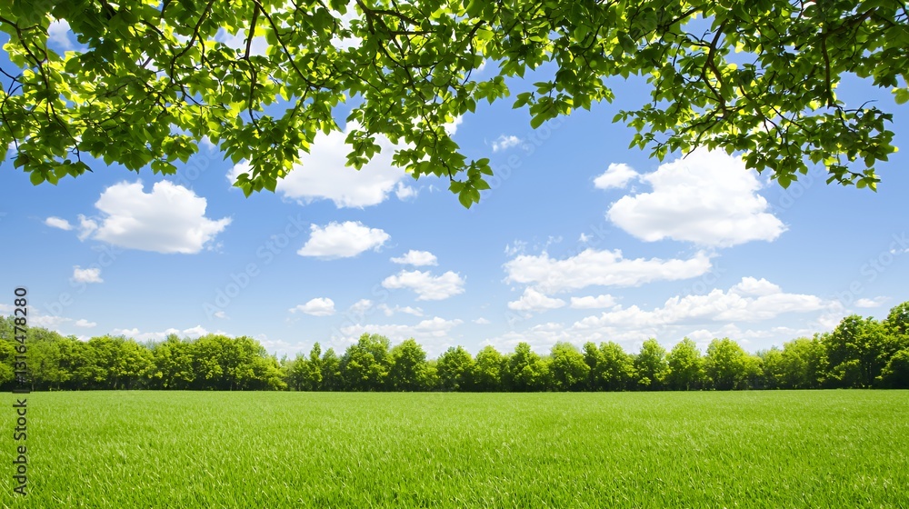 Obraz premium Bright Sunny Day Landscape with Lush Green Field and Blue Sky